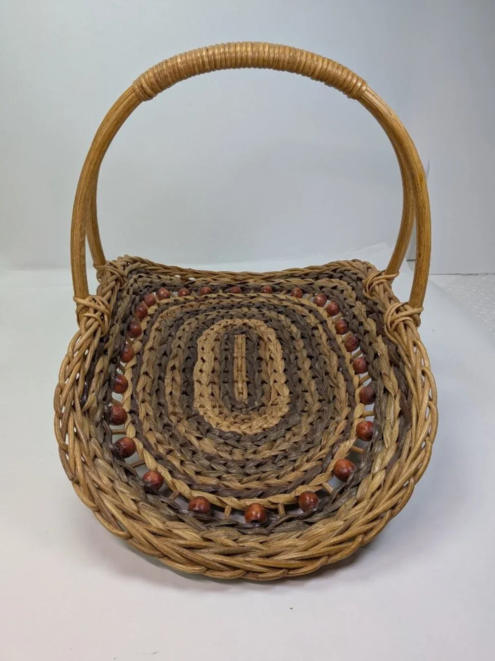 Vintage Woven Two-Tone Scoop Basket Wooden Bead Accent Overhead Handle